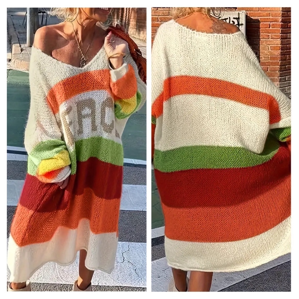 NEW-Plus Size PEACE Pattern Color Block Sweater Dress - Picture 1 of 7